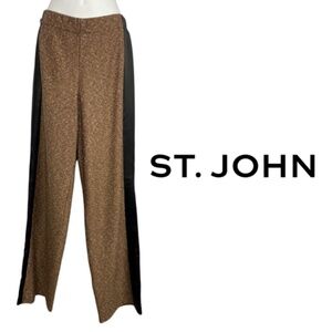 St. John Wide-Leg Wool Knit Trousers with Leather Trim Brown/Black/White -Size 8